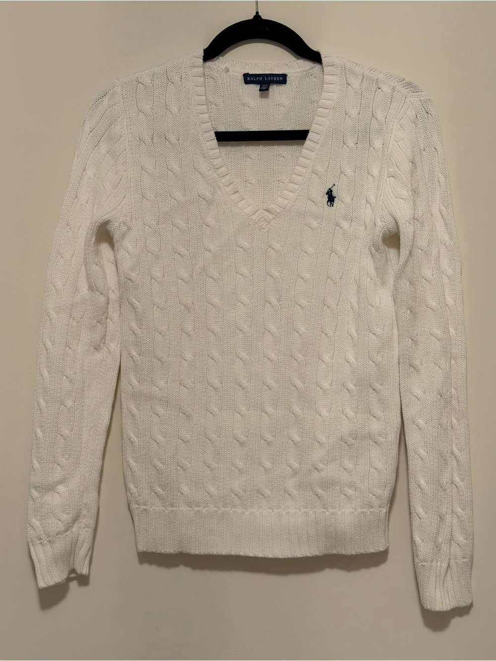 Ralph Lauren Medium Cable Knit Cotton V Neck Sweater Preppy Classic Academia